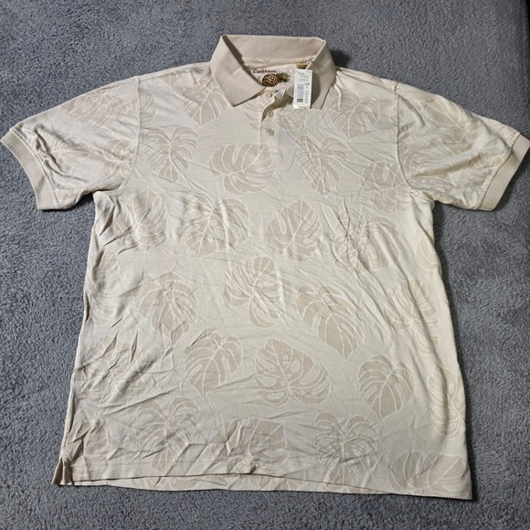 Caribbean Other - Caribbean Mens L Polo Shirt Cream Silk Cotton Monstera Leaf Jacquard Resort S750